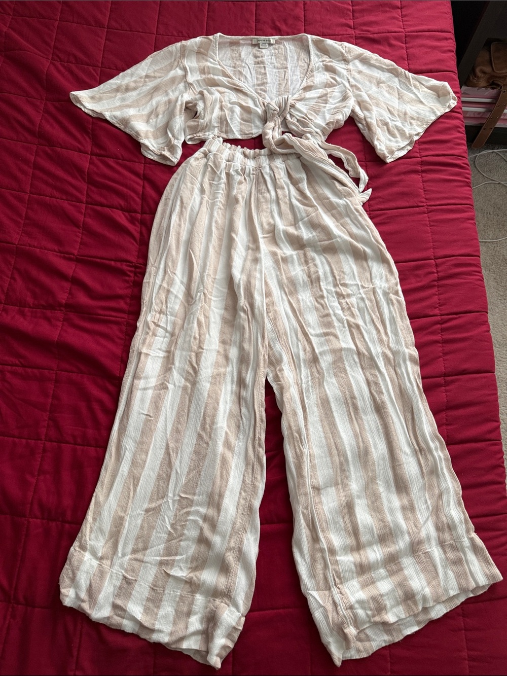 American Eagle Outfitters Cream & Tan Striped Wide-Leg Set